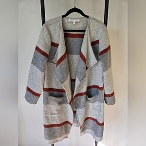 Cupcakes & Cashmere LARGE long Cardigan Duster Sweater Striped Neutral Greys Tan